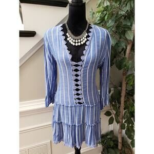 Island Top Blouse Women's Small Blue Striped Ruffle Long Sleeve V-Neck Pullover